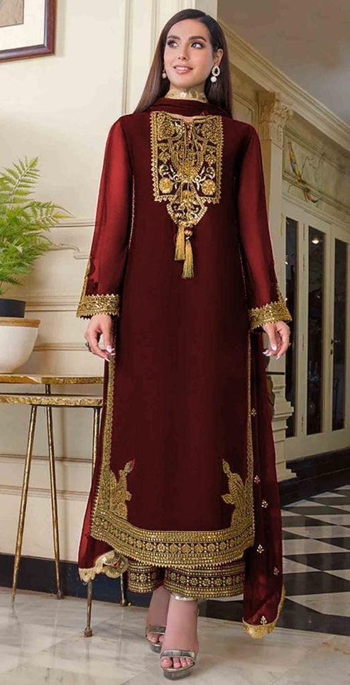 3 Piece Embroidered Chiffon Suit with Satin Silk Trouser