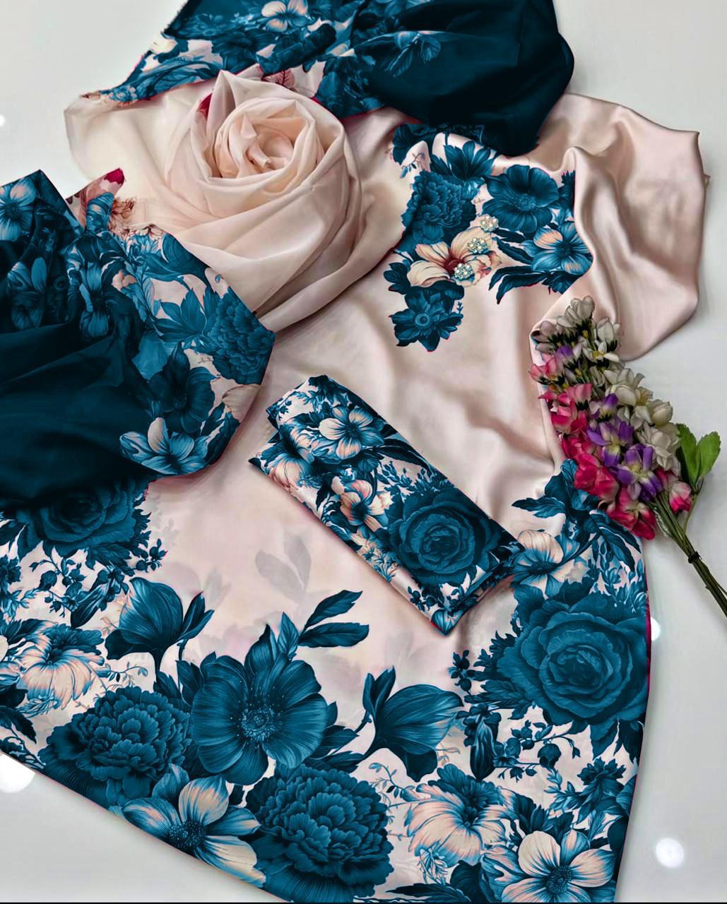 3 Piece Floral Digital Printed Silk Suit