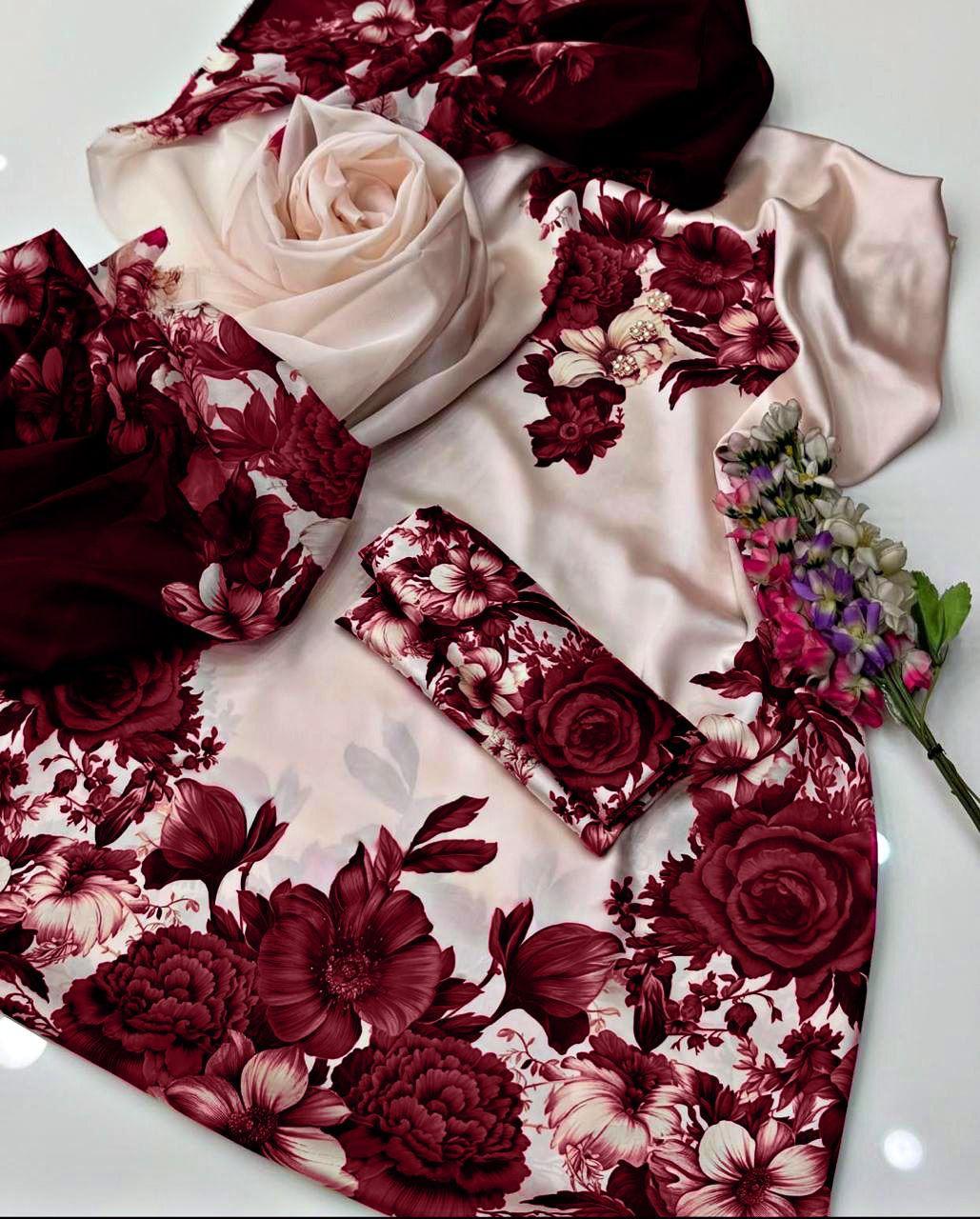 3 Piece Floral Digital Printed Silk Suit
