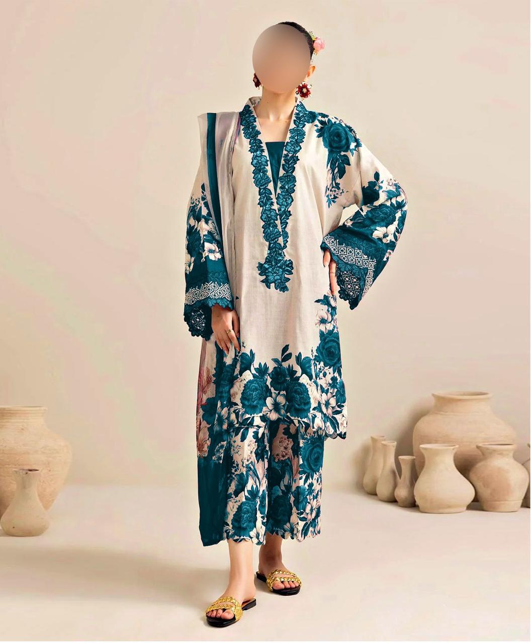3 Piece Floral Digital Printed Silk Suit