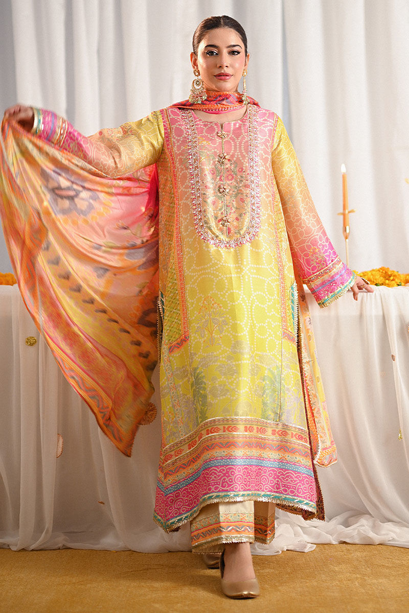 03-Piece Pink & Marigold Lawn stitched Set