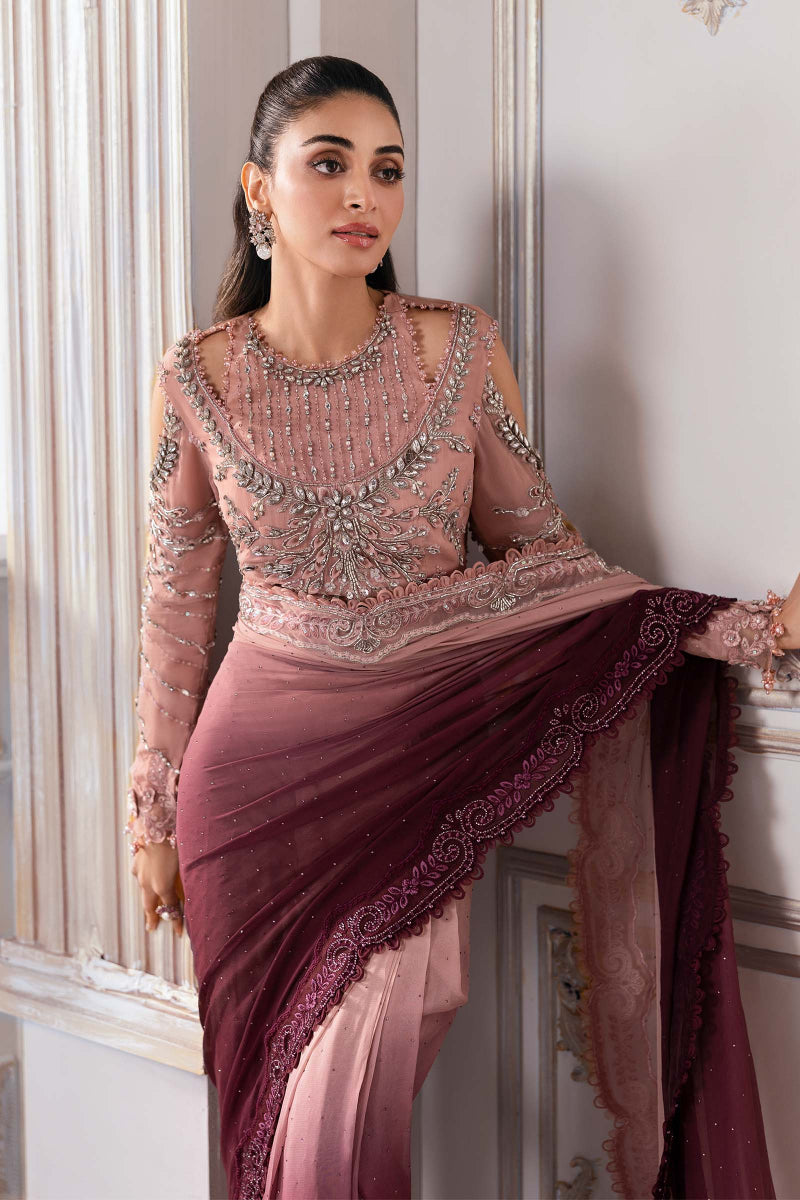 MARIA B Net Saree |Luxury Embroidered with 3D Flowers & Stone Work