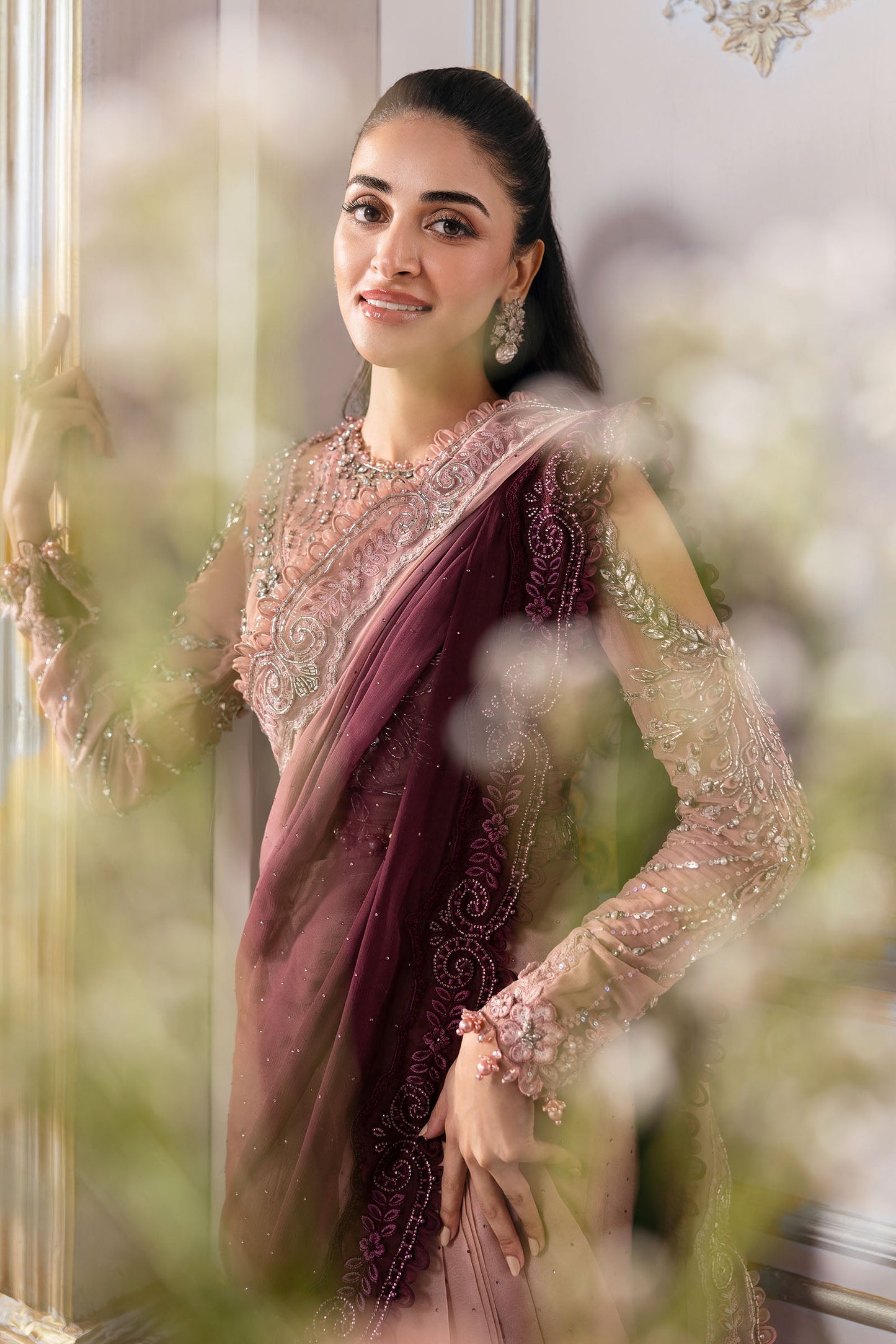 MARIA B Net Saree |Luxury Embroidered with 3D Flowers & Stone Work