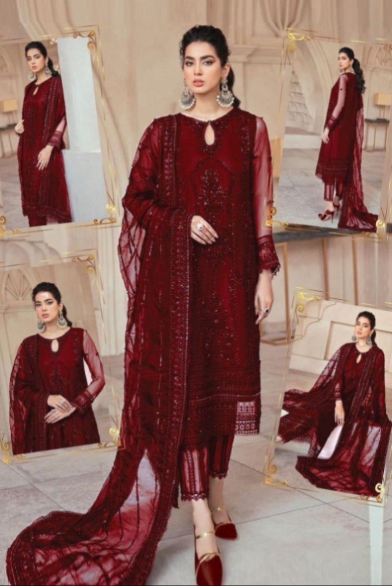 3 Piece Net Suit with Silk Trouser & Embroidered Dupatta