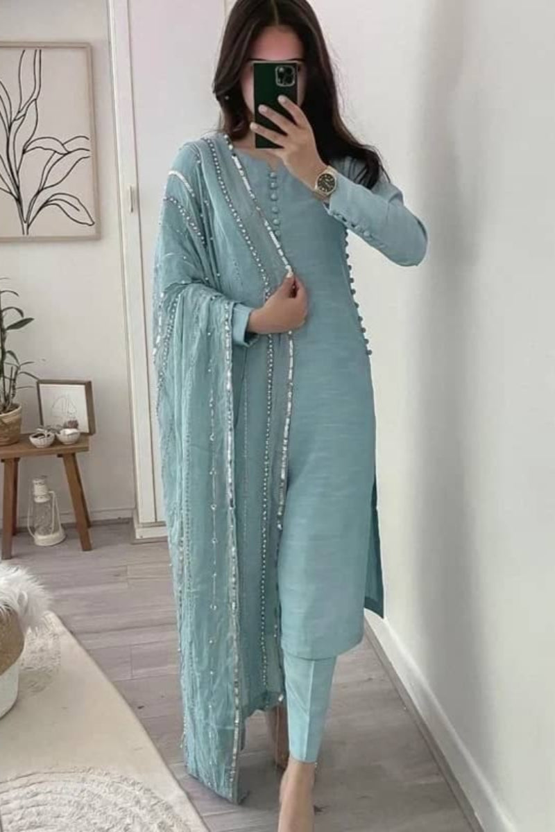Designer Fancy Wrinkled Delta Fabric Top And Dupatta With Lace Work Umbrella Plazo Fit
