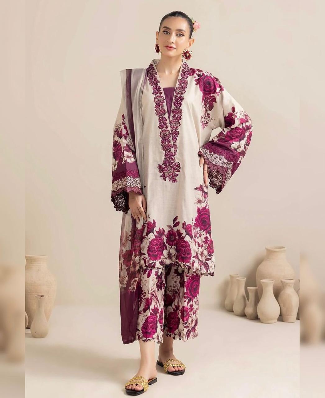 3 Piece Floral Digital Printed Silk Suit