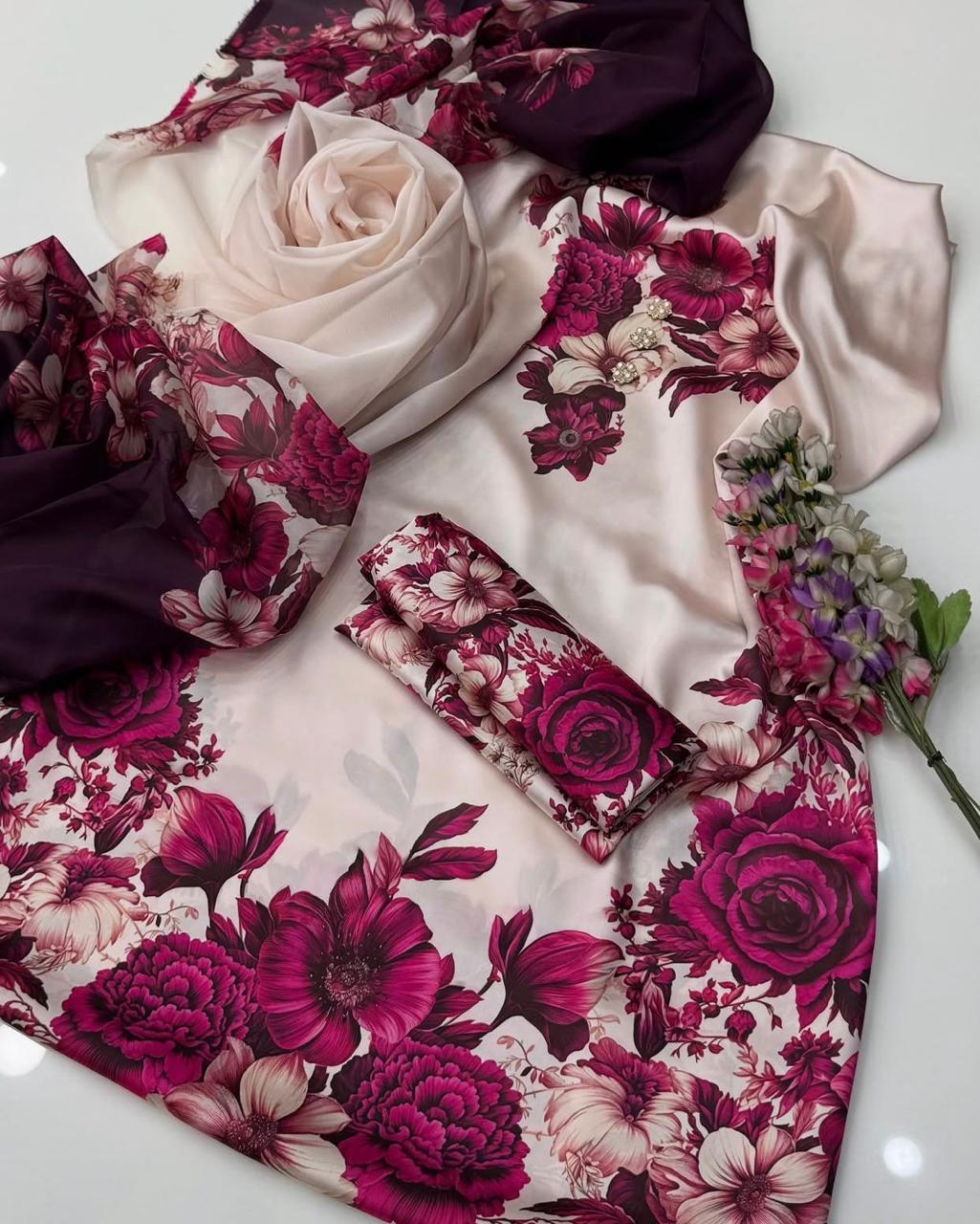 3 Piece Floral Digital Printed Silk Suit