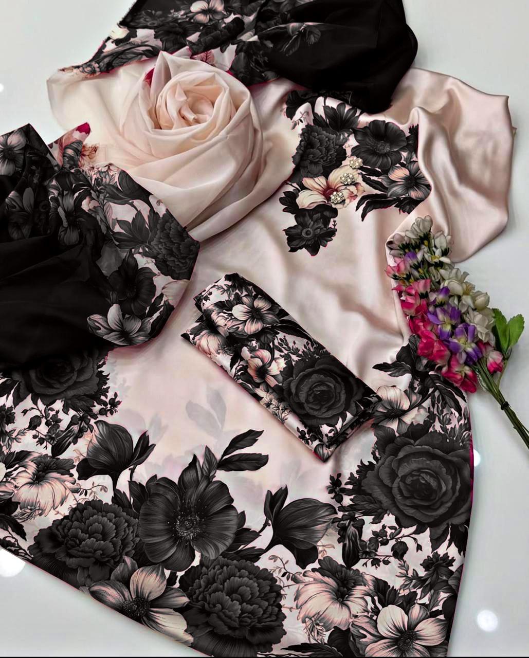 3 Piece Floral Digital Printed Silk Suit
