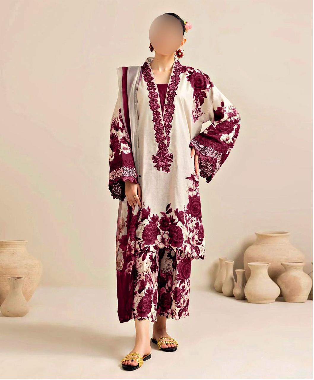 3 Piece Floral Digital Printed Silk Suit