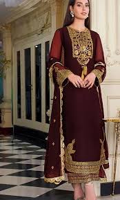 3 Piece Embroidered Chiffon Suit with Satin Silk Trouser