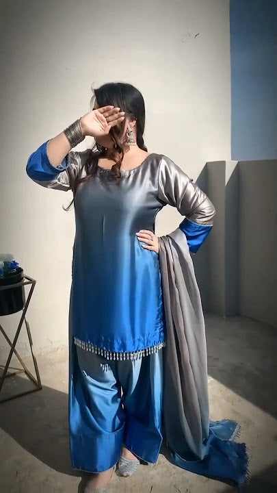 3 Piece Satin Silk Suit with Contrast Dupatta