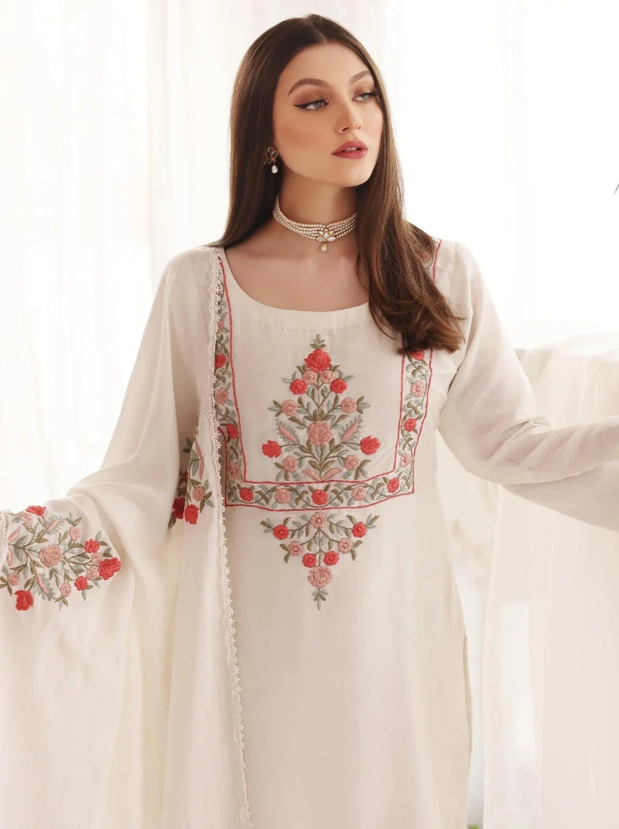 Designer White Georgette Embroidered Top and Bottom Set with Dupatta