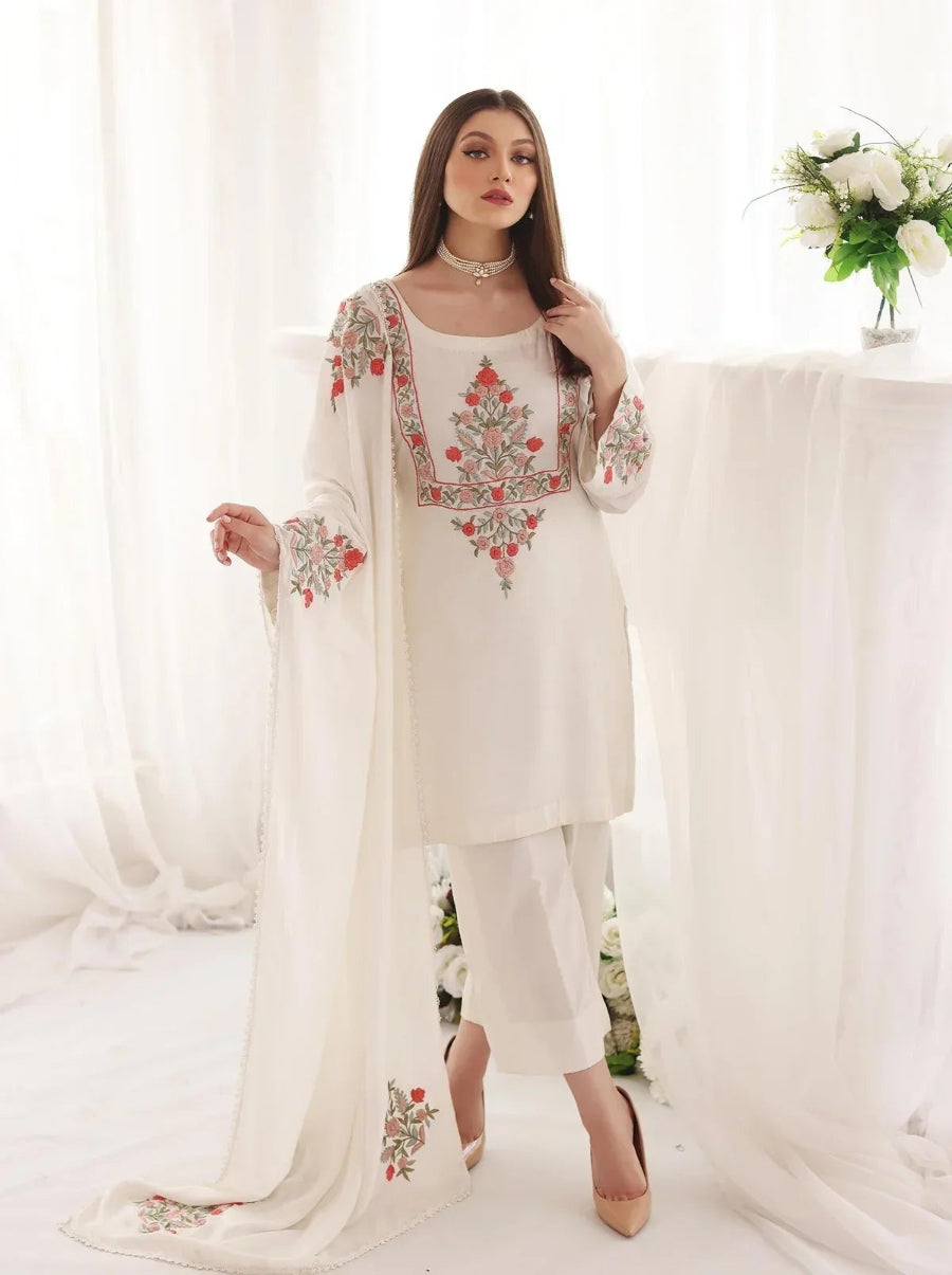 Designer White Georgette Embroidered Top and Bottom Set with Dupatta