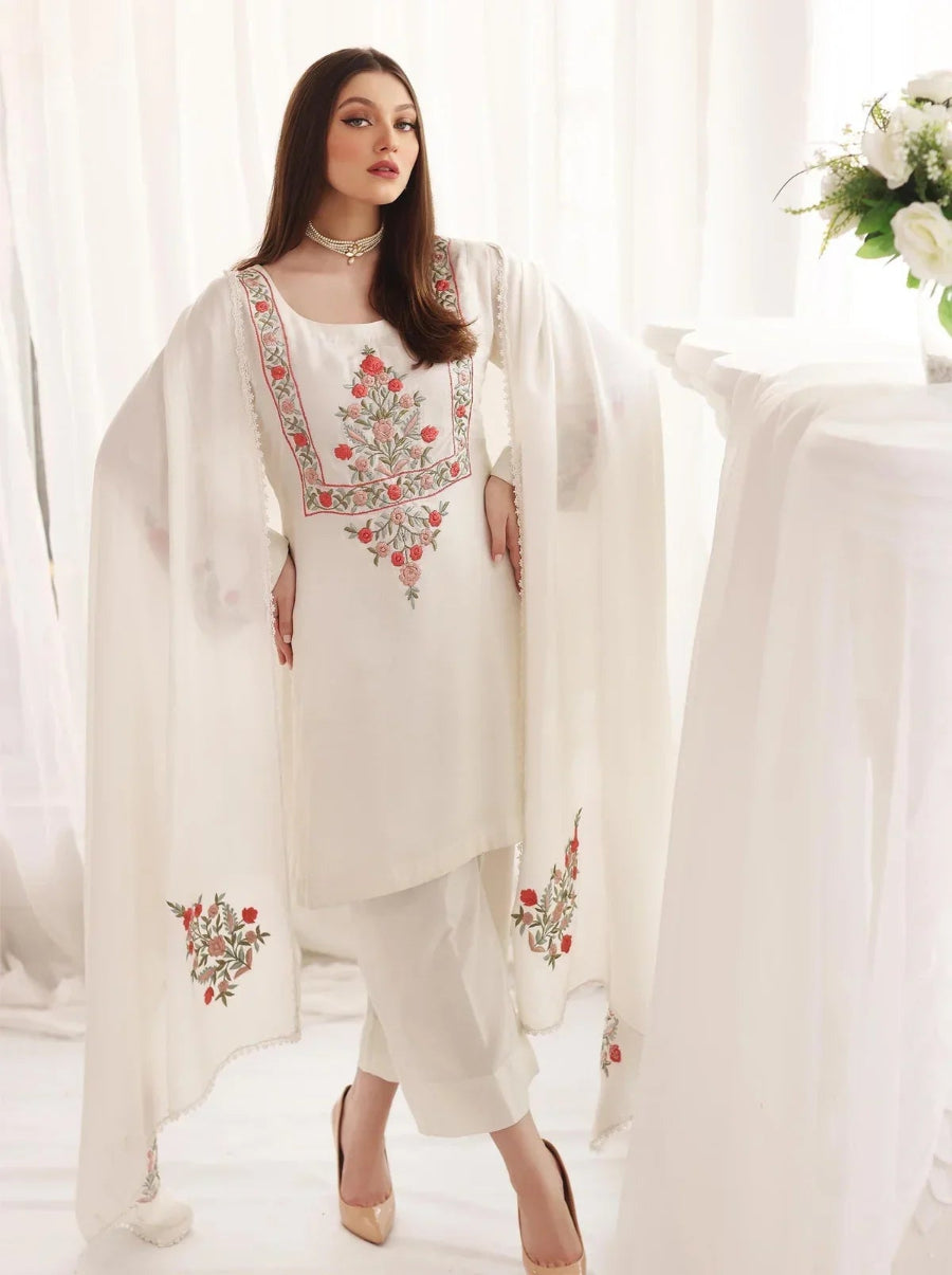 Designer White Georgette Embroidered Top and Bottom Set with Dupatta