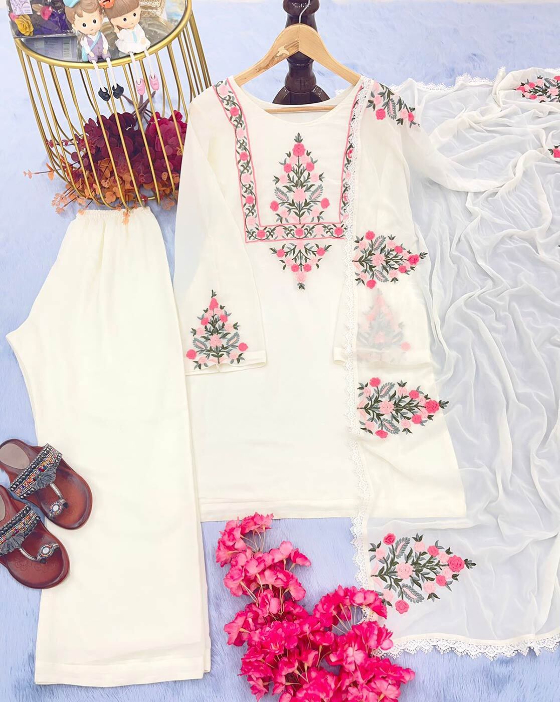 Designer White Georgette Embroidered Top and Bottom Set with Dupatta