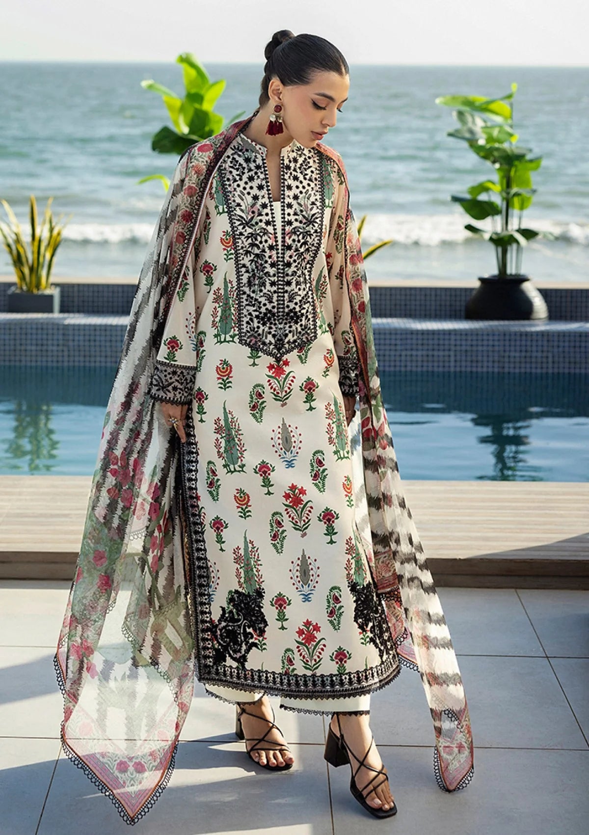 3 Piece Printed Lawn Suit with Embroidered Neckline & Chiffon Dupatta