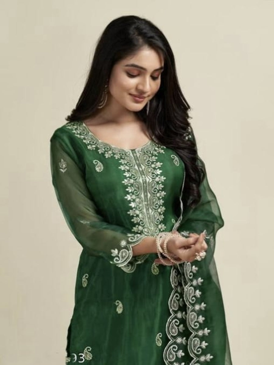 DESIGNER ORGANZA EMBROIDERY WORK TOP BOTTOM WITH DUPATTA GREEN