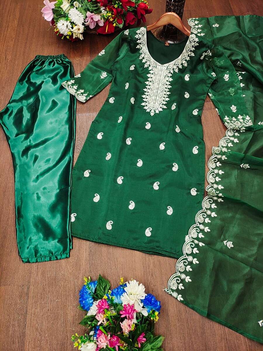 DESIGNER ORGANZA EMBROIDERY WORK TOP BOTTOM WITH DUPATTA GREEN