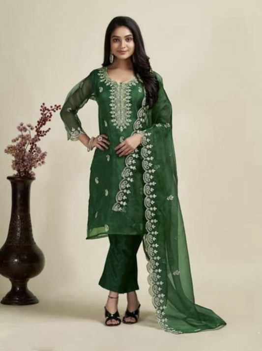 DESIGNER ORGANZA EMBROIDERY WORK TOP BOTTOM WITH DUPATTA GREEN