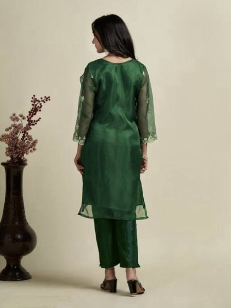 DESIGNER ORGANZA EMBROIDERY WORK TOP BOTTOM WITH DUPATTA GREEN