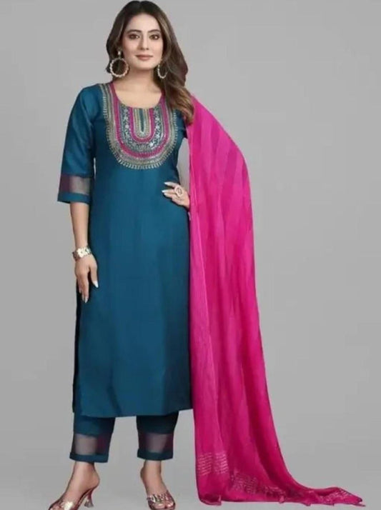 NEW ARRIVAL RAYON SLUB EMBROIDERY WORK TOP BOTTOM WITH DUPATTA TEAL