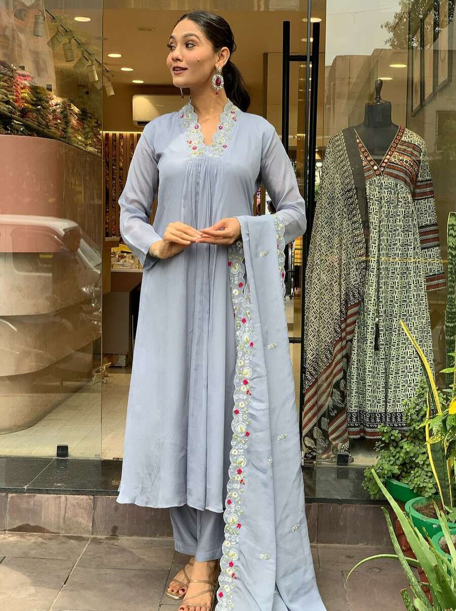 DESIGNER VISCOSE CHINON SILK SEQUENCE EMBROIDERY WORK TOP BOTTOM WITH DUPATTA GREY