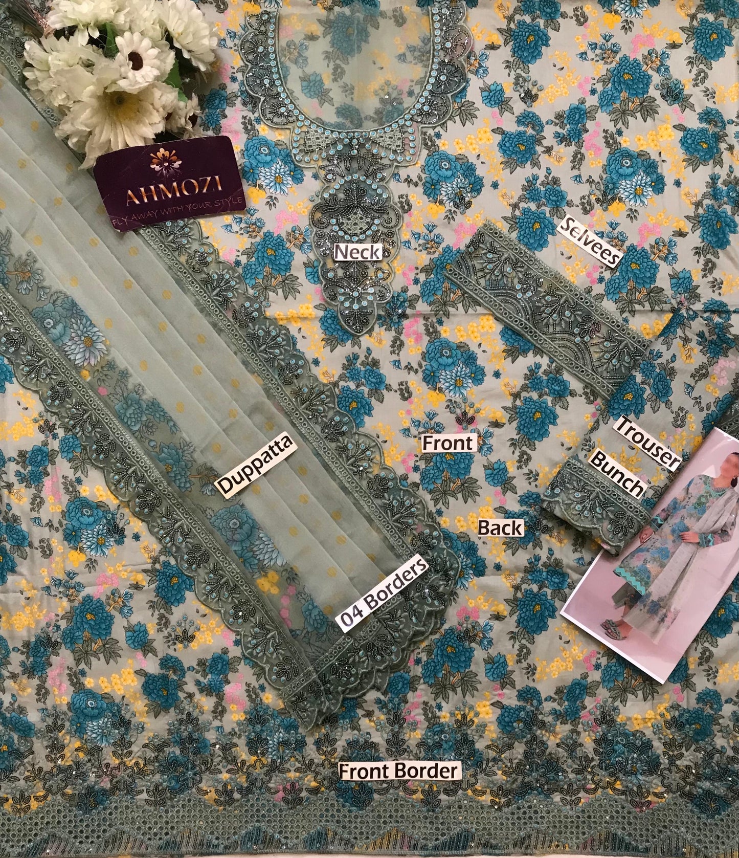 3 Piece Embroidered Lawn Suit with Chiffon Dupatta