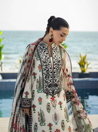 3 Piece Printed Lawn Suit with Embroidered Neckline & Chiffon Dupatta