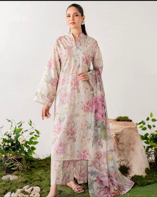 3 Piece Printed Lawn Suit with Chiffon Dupatta