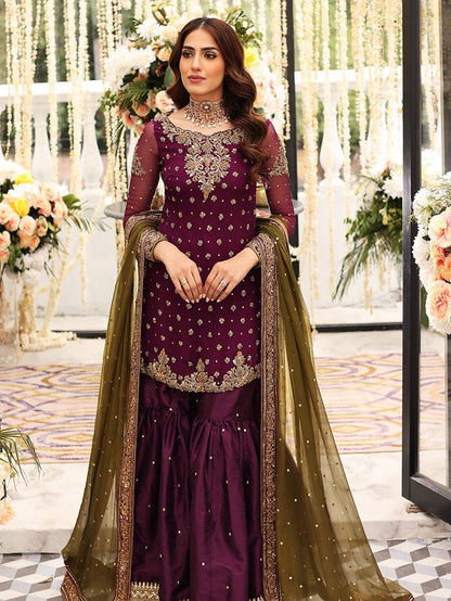 3 Piece Embroidered Chiffon Suit with Satin Silk Trouser