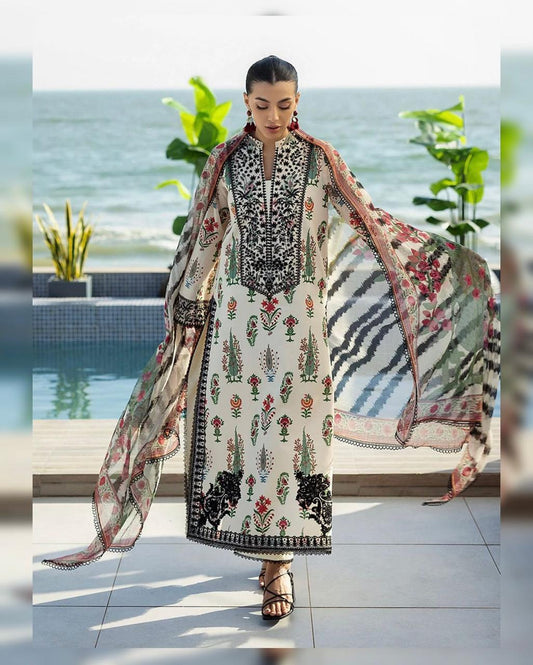 3 Piece Printed Lawn Suit with Embroidered Neckline & Chiffon Dupatta