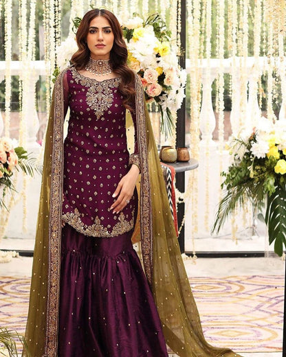 3 Piece Embroidered Chiffon Suit with Satin Silk Trouser