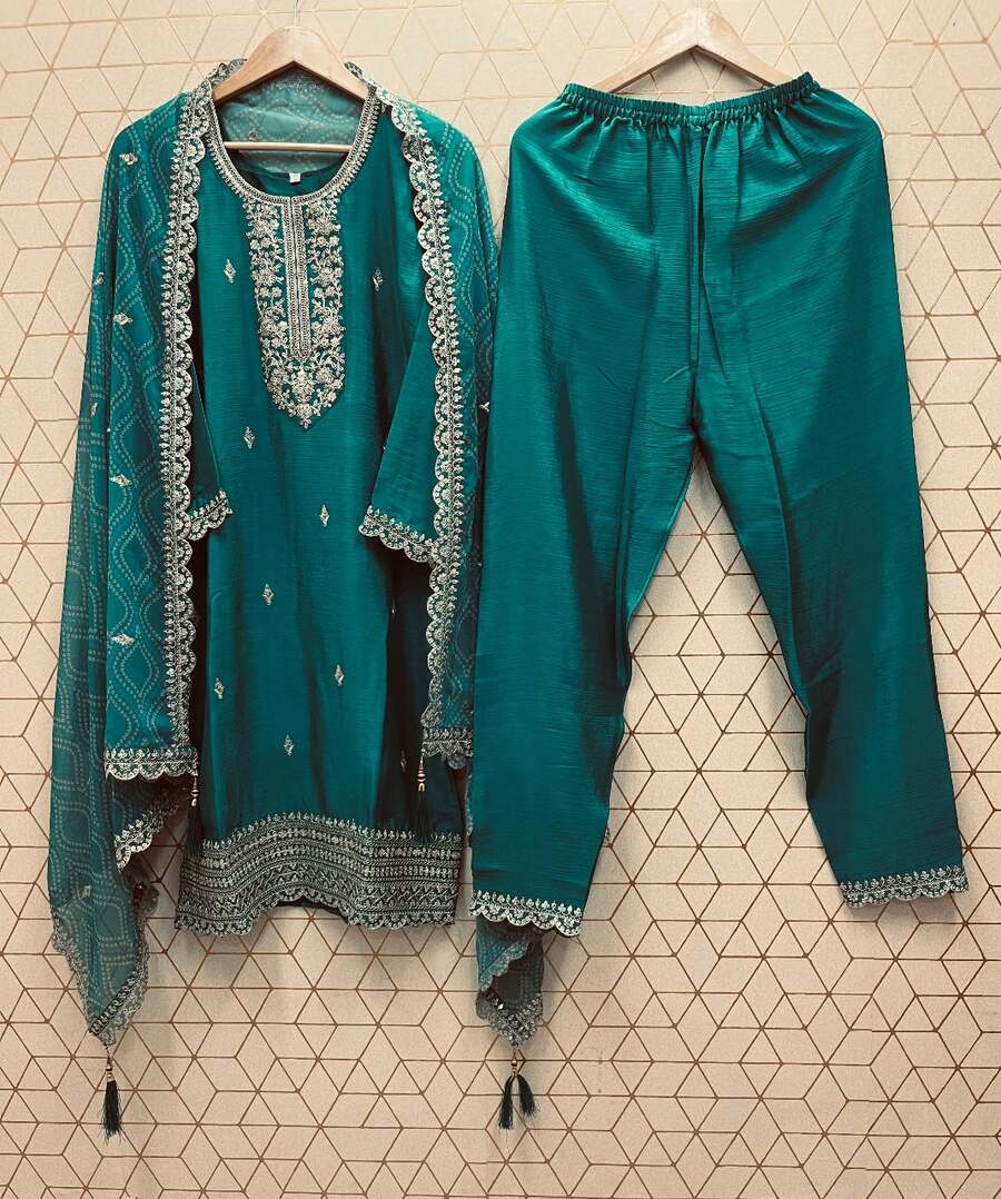 ATTRACTIVE CHINON SILK EMBROIDERY SEQUENCE WORK TOP BOTTOM WITH DUPATTA SKY