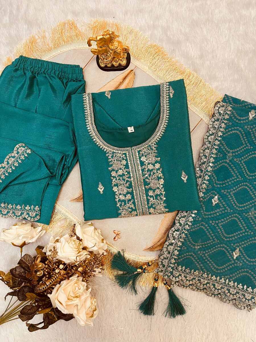 ATTRACTIVE CHINON SILK EMBROIDERY SEQUENCE WORK TOP BOTTOM WITH DUPATTA SKY