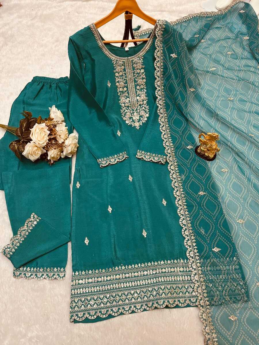 ATTRACTIVE CHINON SILK EMBROIDERY SEQUENCE WORK TOP BOTTOM WITH DUPATTA SKY