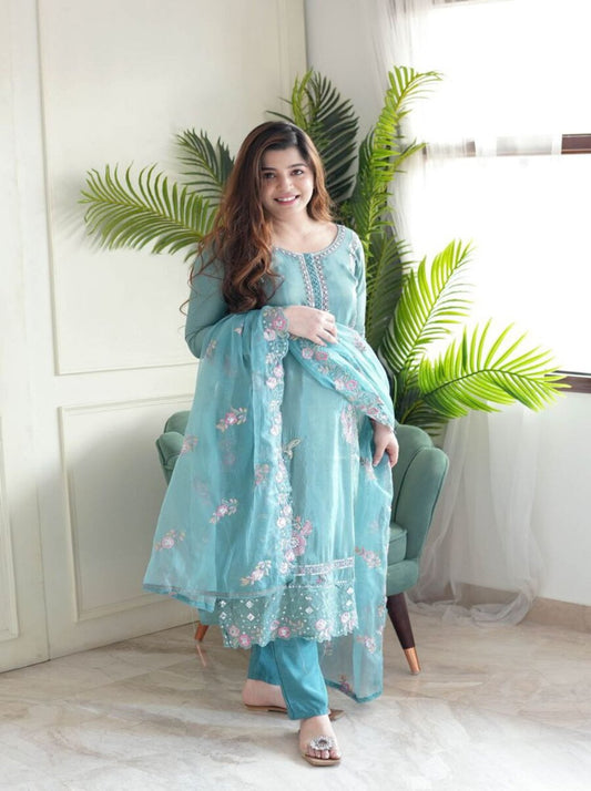 Elegant Sky Blue Chinon Silk Embroidered Ensemble – Top, Bottom & Dupatta