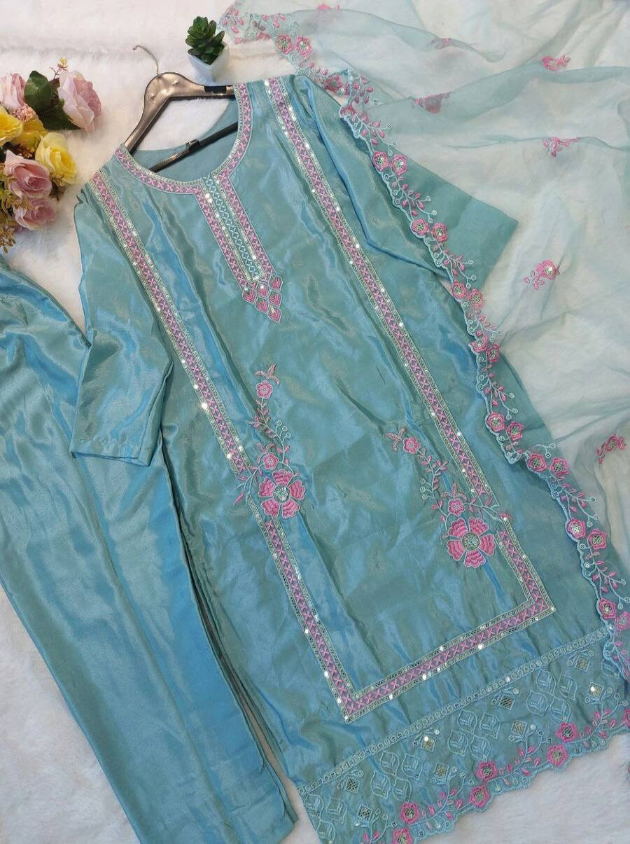 Elegant Sky Blue Chinon Silk Embroidered Ensemble – Top, Bottom & Dupatta