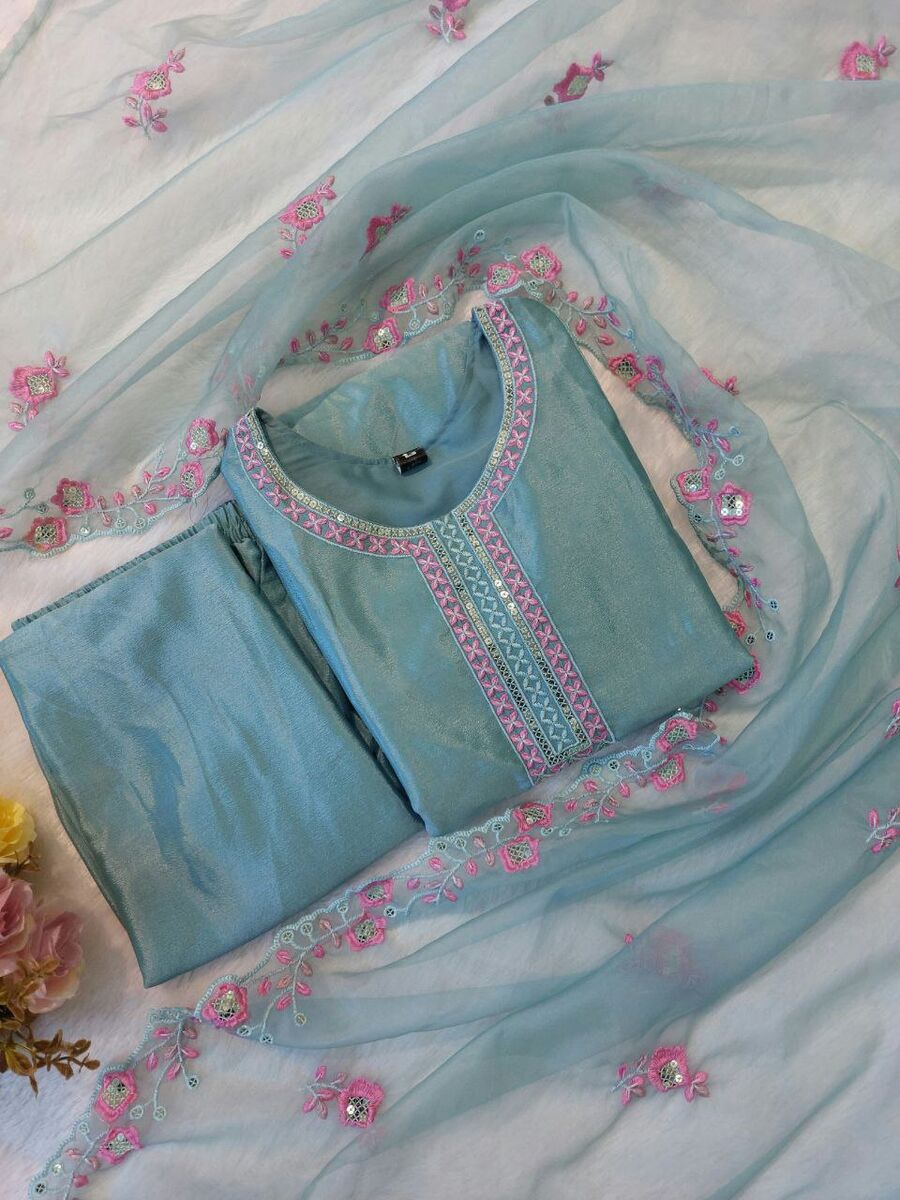 Elegant Sky Blue Chinon Silk Embroidered Ensemble – Top, Bottom & Dupatta