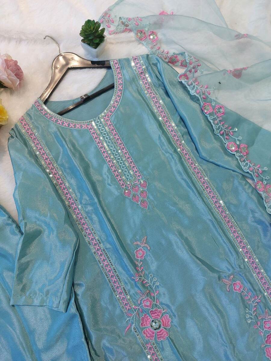 Elegant Sky Blue Chinon Silk Embroidered Ensemble – Top, Bottom & Dupatta