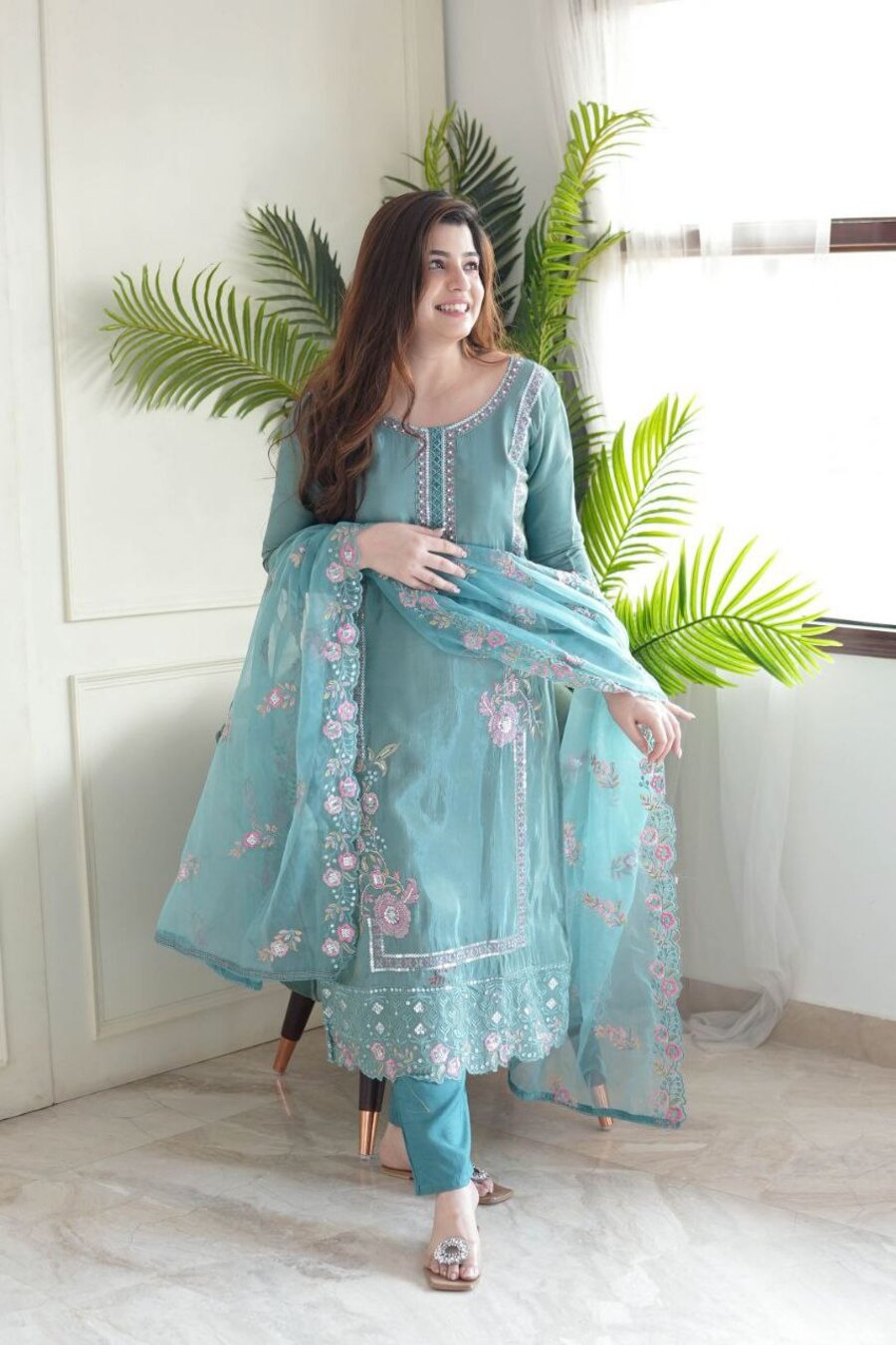 Elegant Sky Blue Chinon Silk Embroidered Ensemble – Top, Bottom & Dupatta