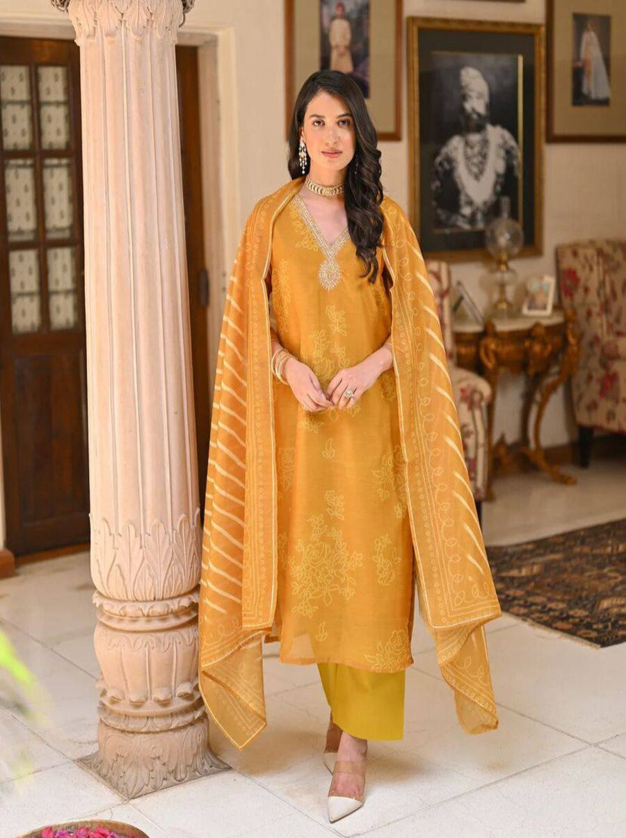 ATTRACTIVE RAYON SEQUENCE CODING EMBROIDERY WORK TOP BOTTOM WITH DUPATTA YELLOW