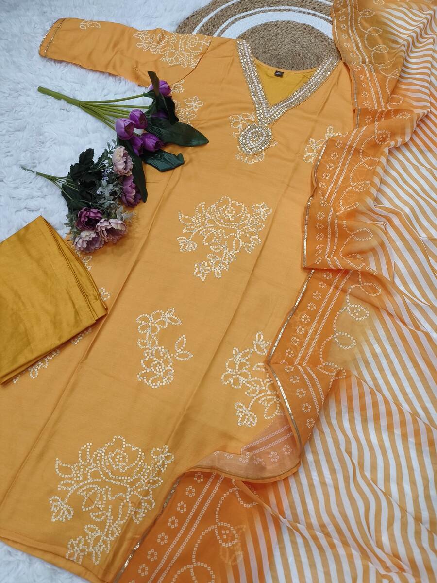 ATTRACTIVE RAYON SEQUENCE CODING EMBROIDERY WORK TOP BOTTOM WITH DUPATTA YELLOW