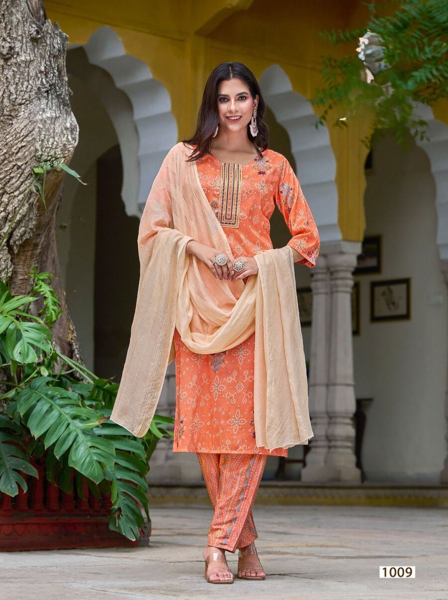 ATTRACTIVE SILK EMBROIDERY AND PRINT WORK TOP PANT WITH DUPATTA ORANGE