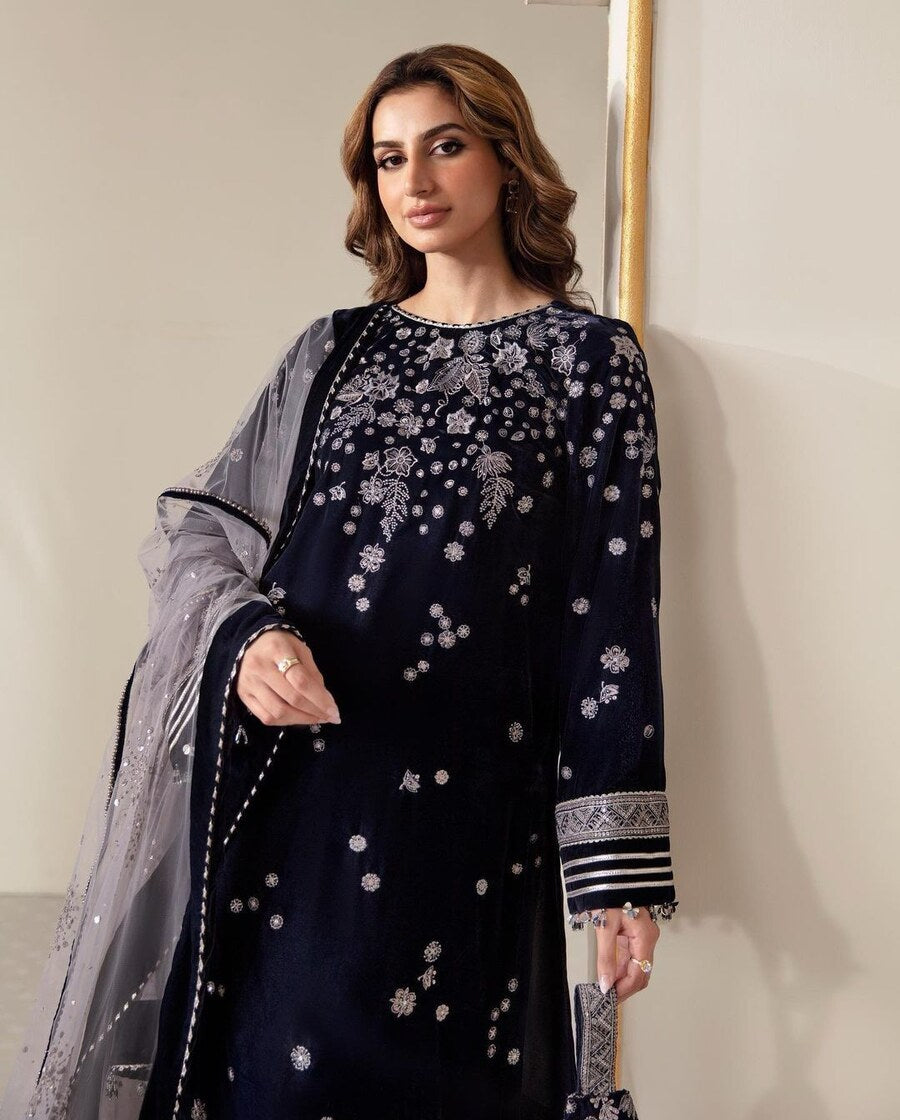 ATTRACTIVE VELVET EMBROIDERY WORK TOP BOTTOM WITH DUPATTA NAVY BLUE