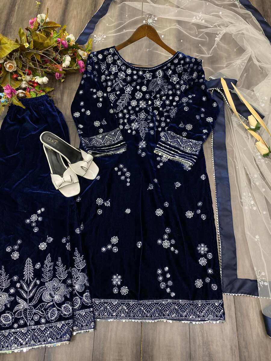 ATTRACTIVE VELVET EMBROIDERY WORK TOP BOTTOM WITH DUPATTA NAVY BLUE