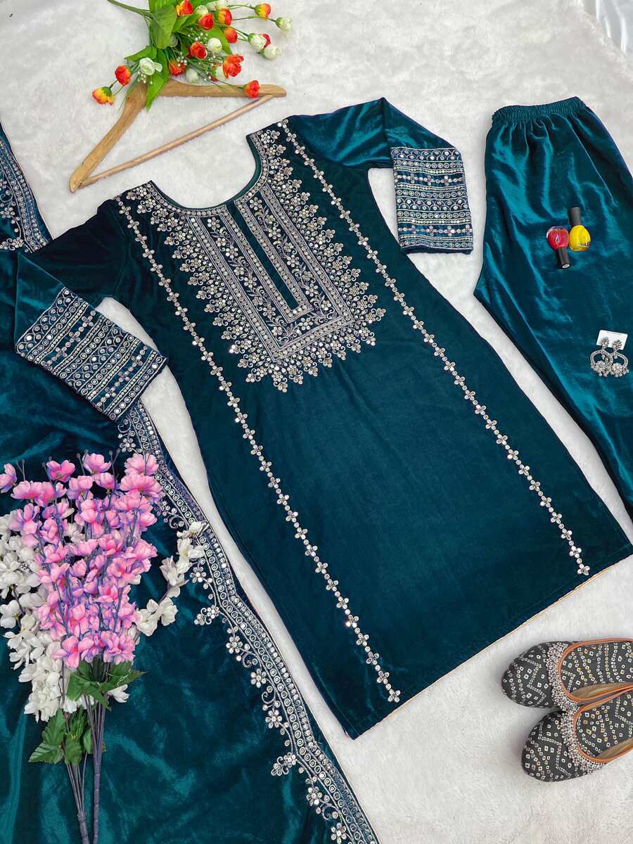 ATTRACTIVE VISCOSE VELVET EMBROIDERY SEQUENCE WORK TOP BOTTOM WITH DUPATTA RAMA