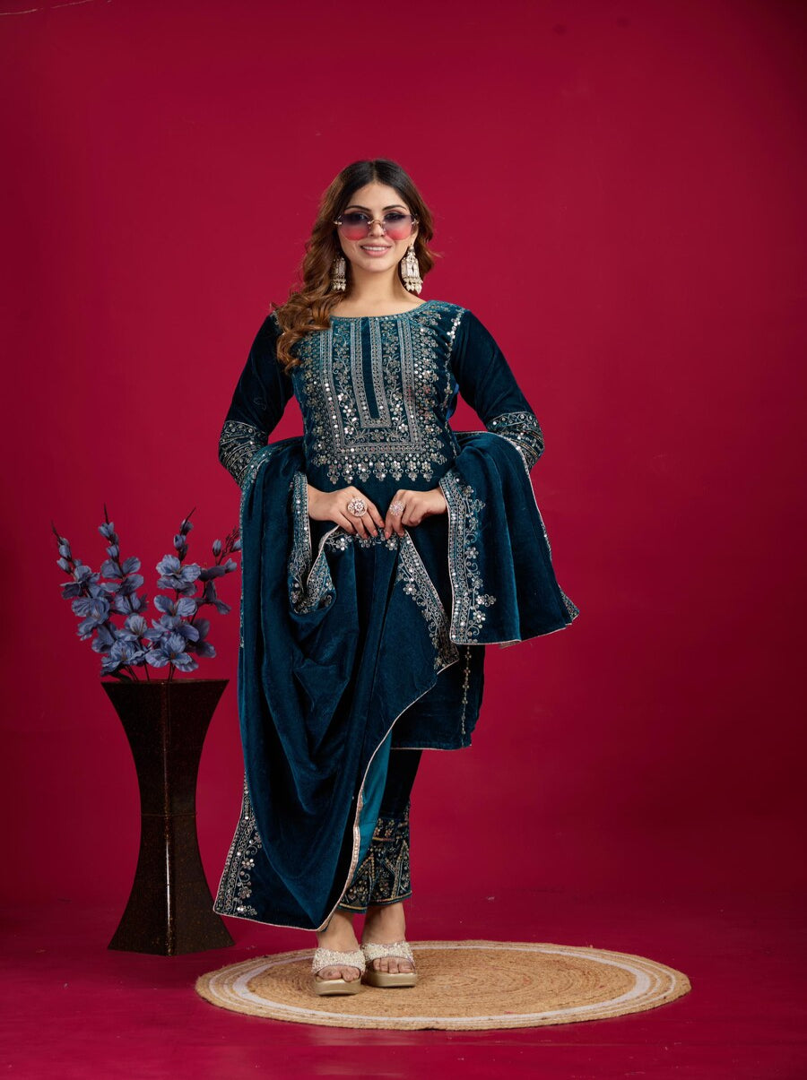 ATTRACTIVE VISCOSE VELVET EMBROIDERY SEQUENCE WORK TOP BOTTOM WITH DUPATTA RAMA