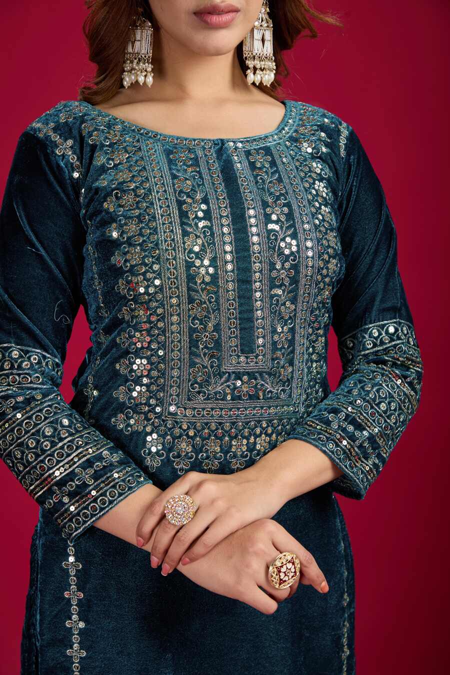 ATTRACTIVE VISCOSE VELVET EMBROIDERY SEQUENCE WORK TOP BOTTOM WITH DUPATTA RAMA