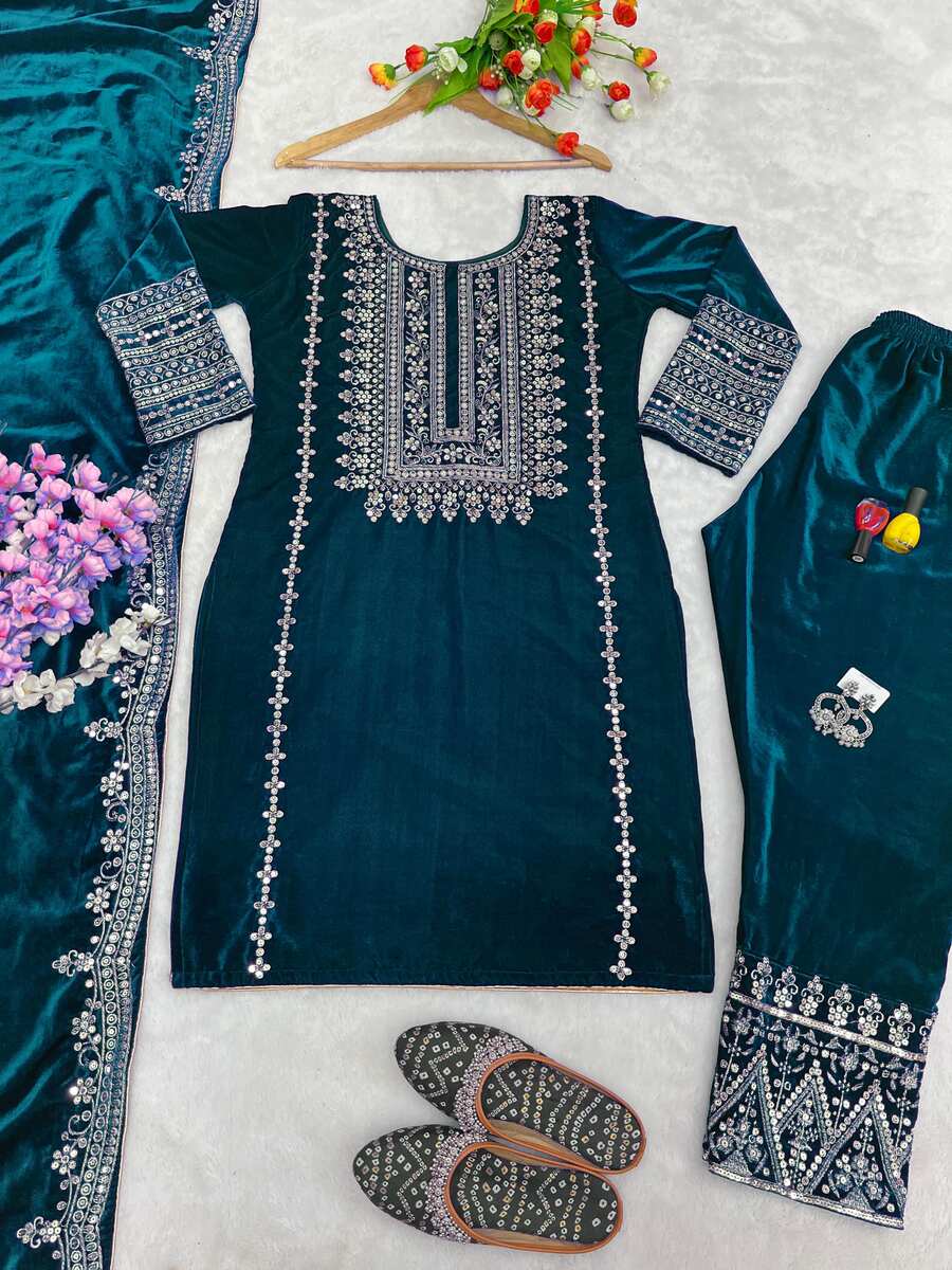 ATTRACTIVE VISCOSE VELVET EMBROIDERY SEQUENCE WORK TOP BOTTOM WITH DUPATTA RAMA