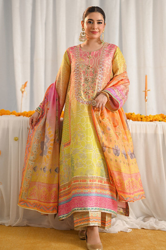 03-Piece Pink & Marigold Lawn stitched  Set